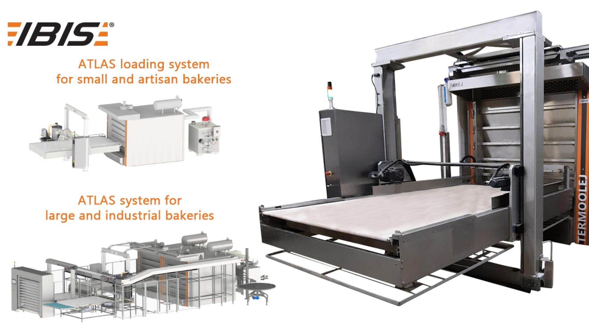 A commercial bread oven with an automated loading system. Left: diagrams of ATLAS loading systems for small/artisan and large/industrial bakeries. Right: close-up of the oven and loading platform.