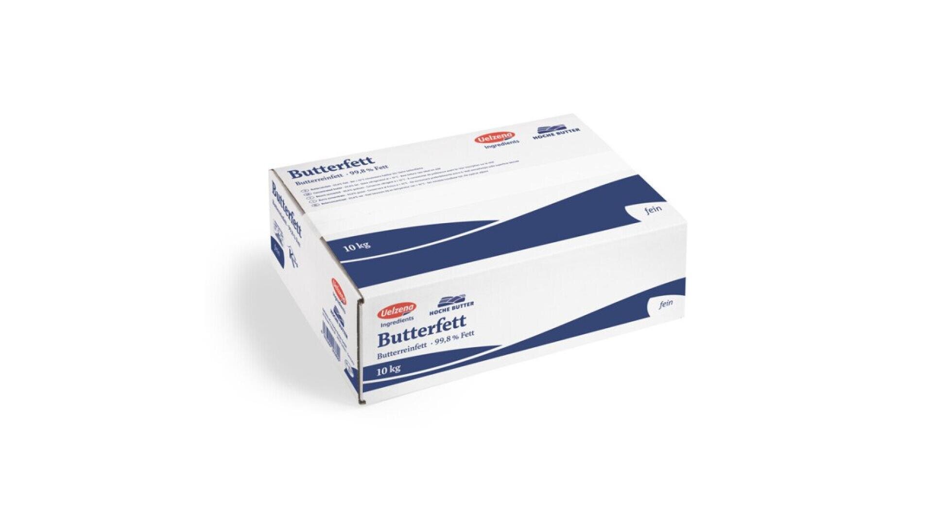 A white and blue rectangular box labeled Butterfett with 99.8% fat content, weighing 10 kg, from the brand Debic, placed on a white background.