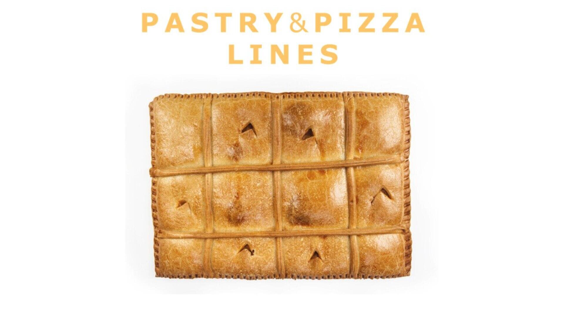 Ein rechteckiger gebackener Teig ist durch gedrückte Linien in neun Abschnitte unterteilt. Über dem Gebäck steht in fetten gelben Buchstaben "PASTRY & PIZZA LINES".