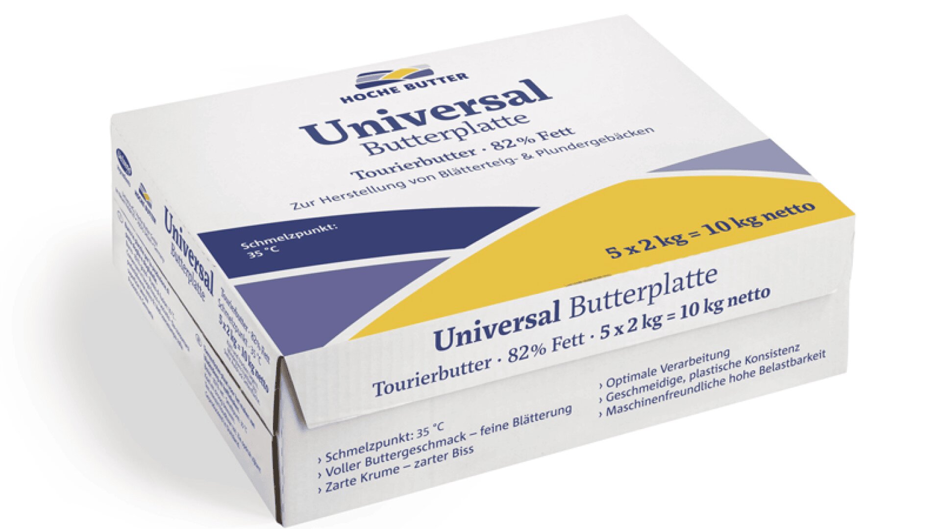 Eine rechteckige Schachtel mit der Aufschrift Universal Butterplatte, die 10 kg Tourierbutter mit 82 % Fett enthält und zum Backen bestimmt ist. Die Verpackung ist überwiegend weiß mit blauen und gelben Akzenten und deutscher Aufschrift.