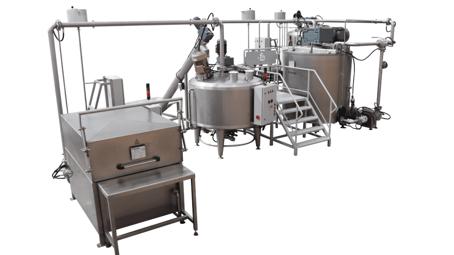 A stainless steel industrial food processing machine with tanks, pipes, control panels, and a staircase, designed for mixing or producing large quantities of products.