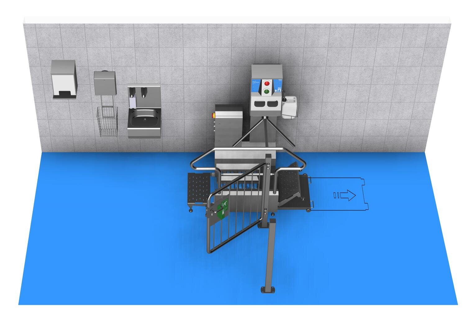 Draufsicht auf eine Hygienestation mit einem Handwaschbecken, Seifen- und Papierspendern, einem Drehkreuz, einem Bedienfeld und Bodenmarkierungen auf einer blauen Fläche vor einer gefliesten Wand.
