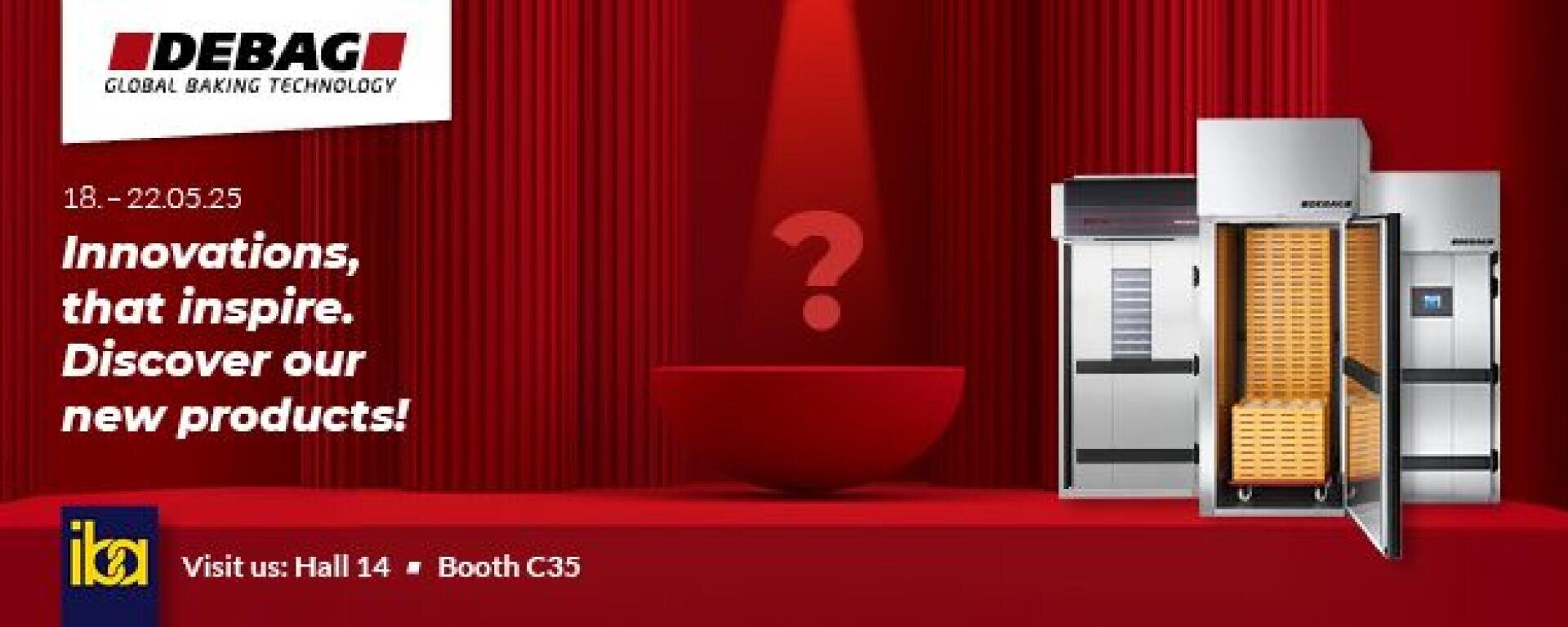 Red background with vertical lines, two industrial baking ovens—one with the door open revealing baking trays—are shown. A question mark above a red bowl suggests a product reveal. Text invites visitors to a baking technology booth.