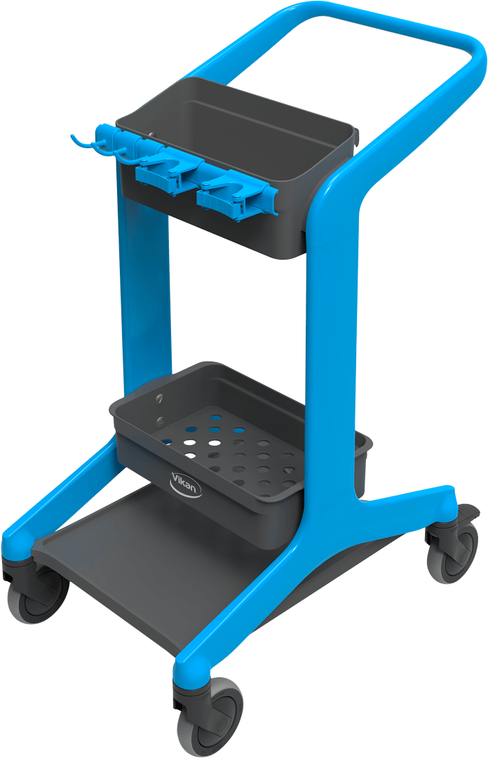 Ein blau-grauer Reinigungswagen mit zwei Rädern, zwei Ablagefächern und Haken an der oberen Ablage, der für die Organisation und den Transport von Reinigungsmitteln konzipiert ist.