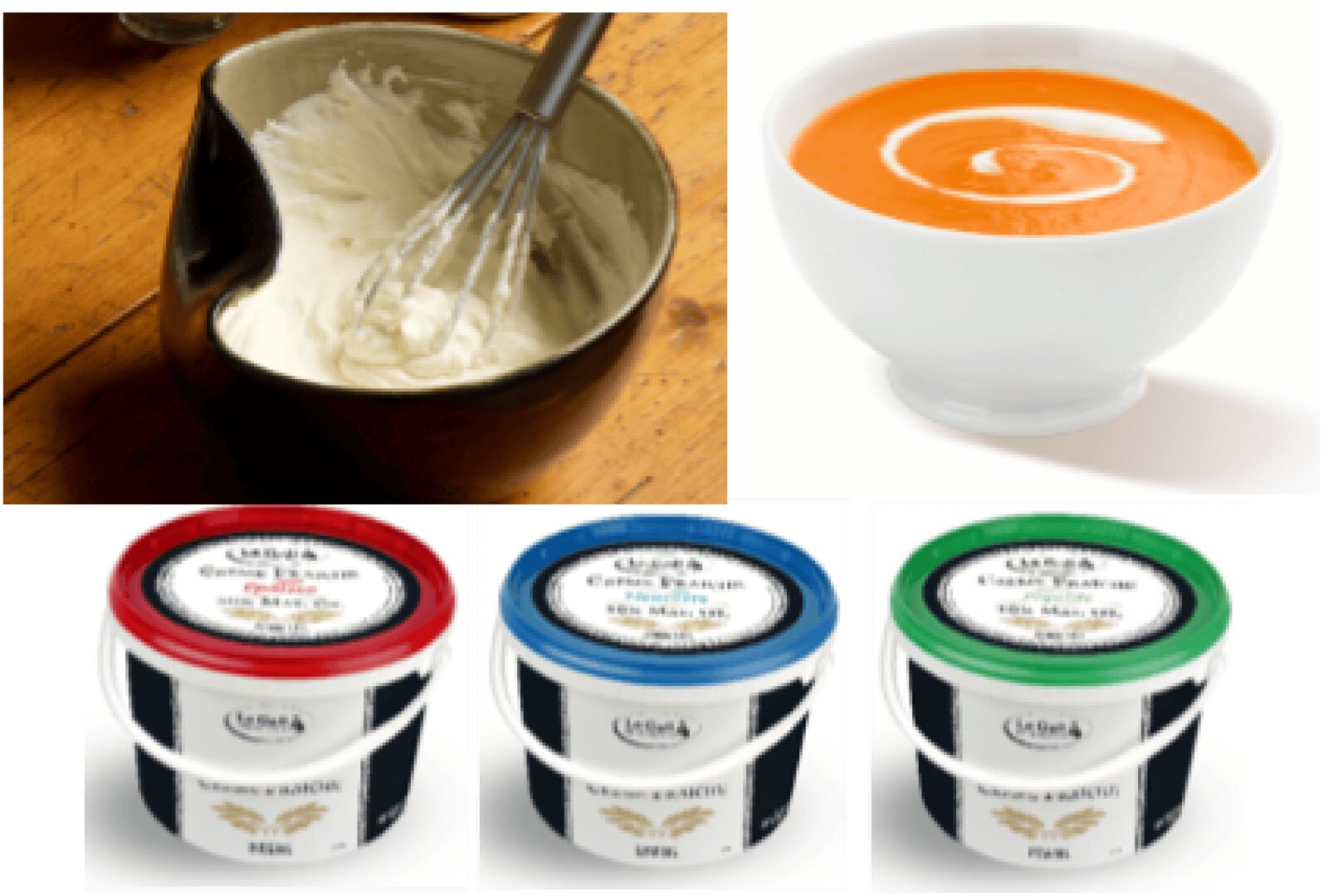 A mixing bowl with a whisk in creamy batter, a white bowl of orange soup with cream swirl, and three round containers of colored pastes with red, blue, and green lids.
