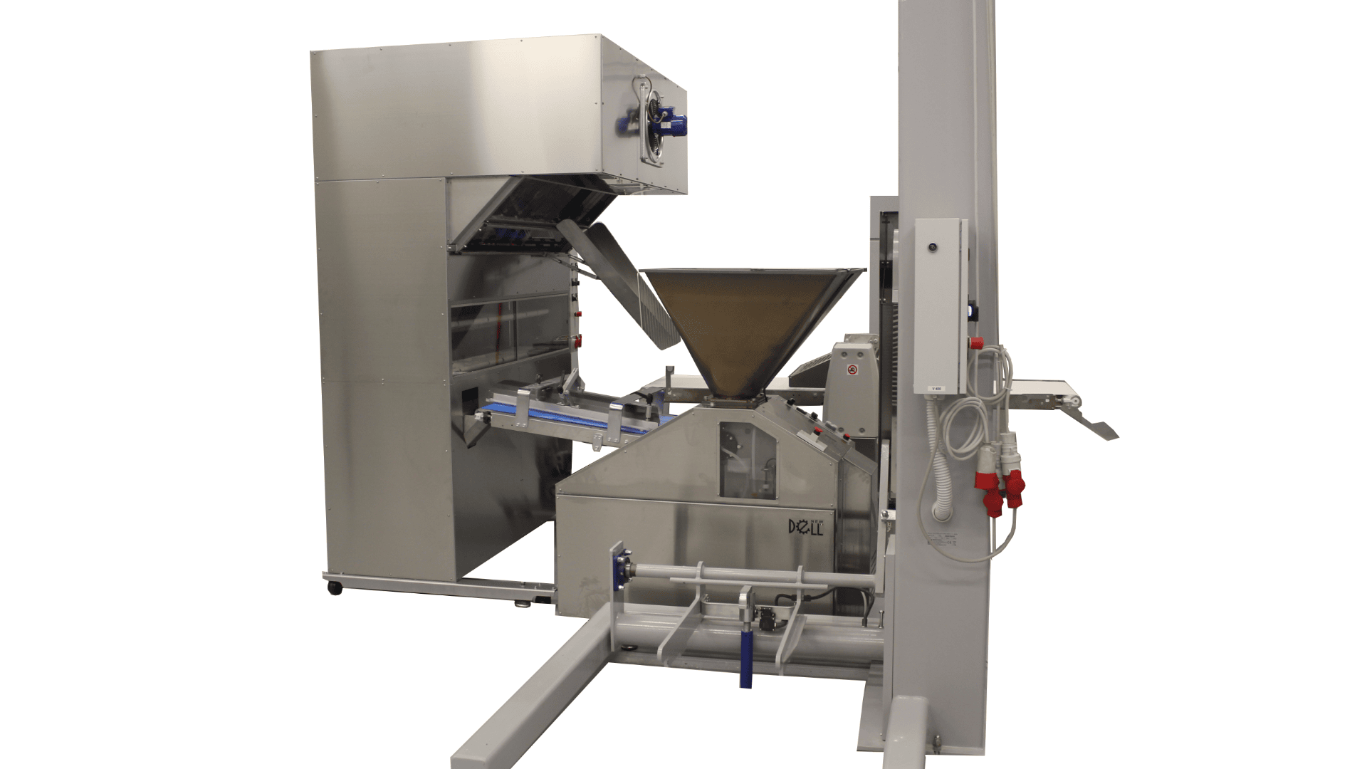 A stainless steel industrial food processing machine with a hopper, conveyor belt, and control panel, designed for automated handling, sorting, or packaging in a manufacturing facility.