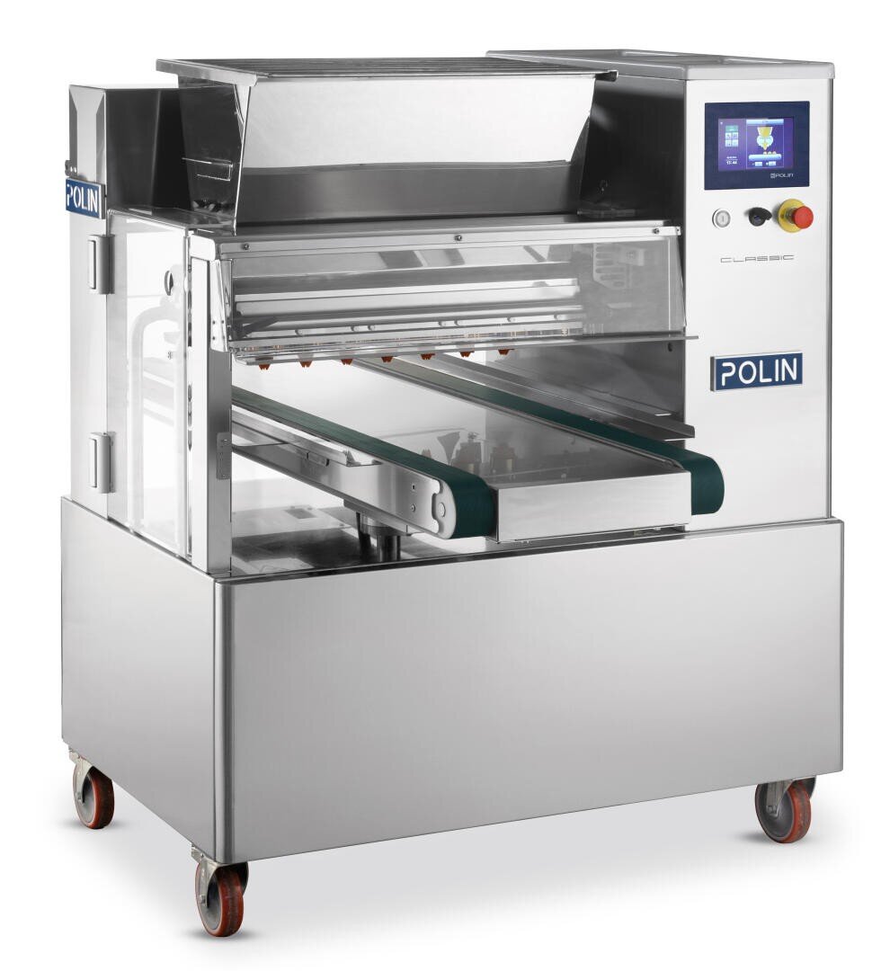 A stainless steel industrial dough and pastry machine with a conveyor belt, touchscreen controls, and the brand name Polin on its side, designed for automated bakery production.