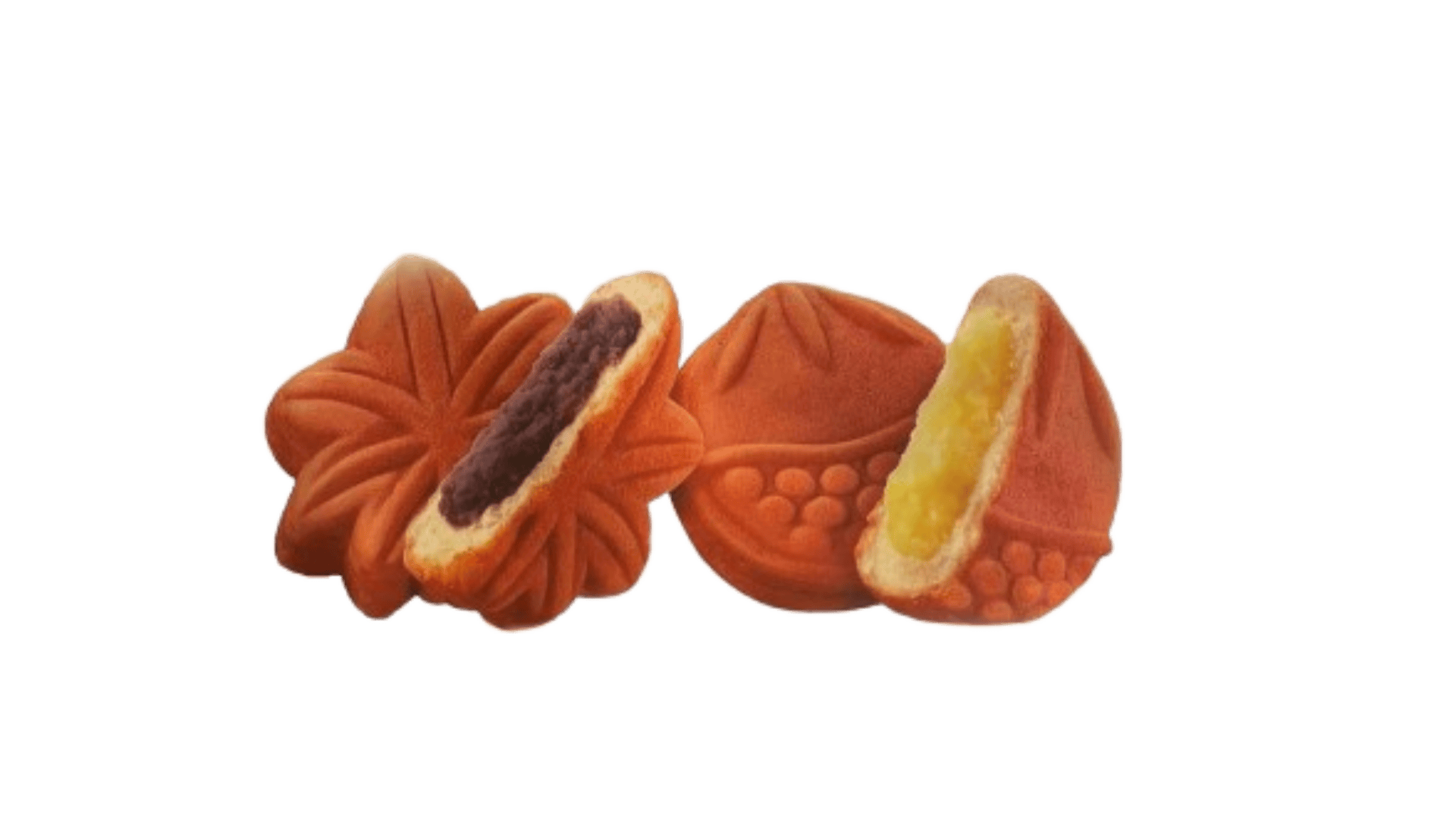 Two Japanese maple leaf-shaped pastries, one filled with red bean paste and the other with yellow custard, both shown with a bite taken out to display the fillings.