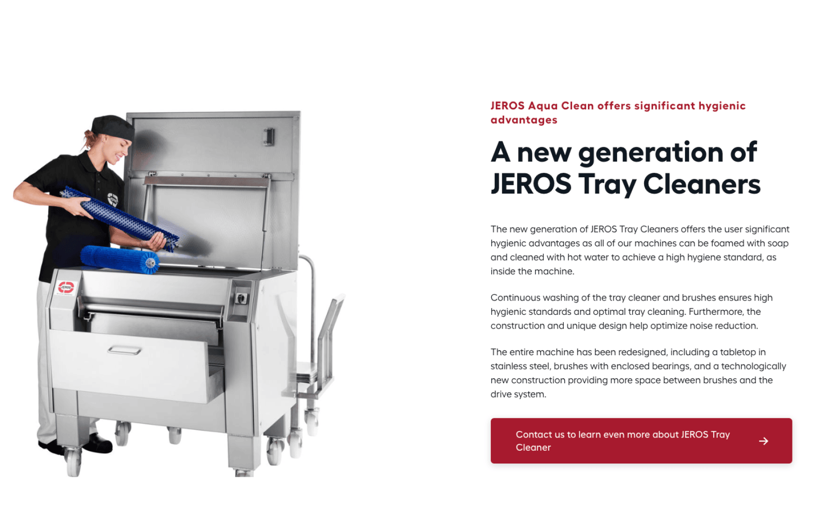 A person in black work attire loads blue trays into a large, stainless steel JEROS tray cleaning machine. Text on the right describes the features and benefits of the new generation tray cleaners.