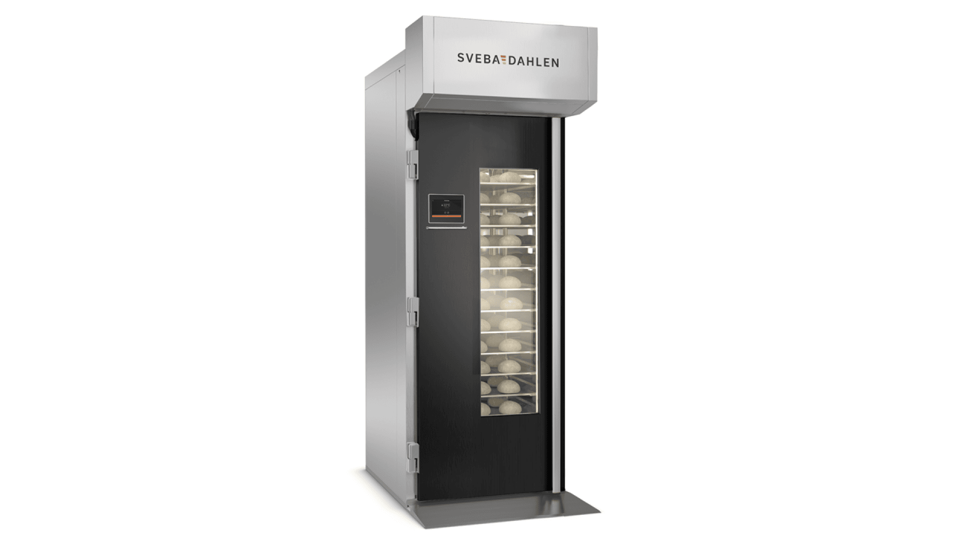 A tall, stainless steel commercial bakery oven with a glass door, showing multiple trays of dough inside. The oven has a digital control panel and is labeled Sveba Dahlen at the top.