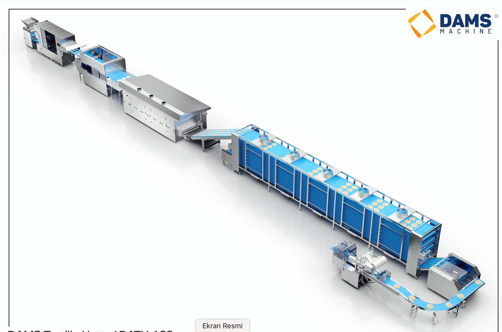 A large industrial food processing and packaging machine with multiple connected units, conveyor belts, and sections, branded with the DAMS MACHINE logo in the top right corner.
