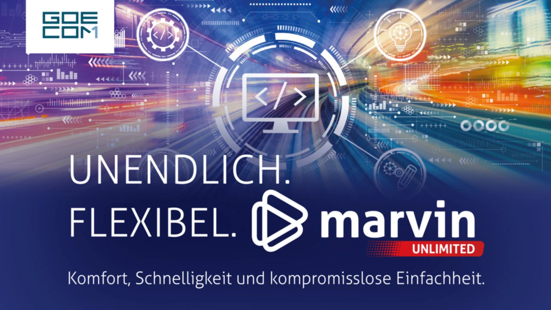 Futuristischer digitaler Hintergrund mit Icons und Bewegungsunschärfe, mit dem Text UNENDLICH! FLEXIBEL. marvin UNLIMITED und Komfort, Schnelligkeit und kompromisslose Einfachheit auf Deutsch.