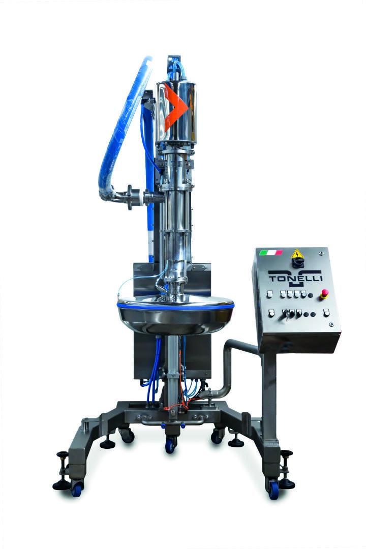 A stainless steel industrial mixing machine with a control panel on the right, blue wires, and wheels for mobility. The brand Tonelli is visible on the control panel.