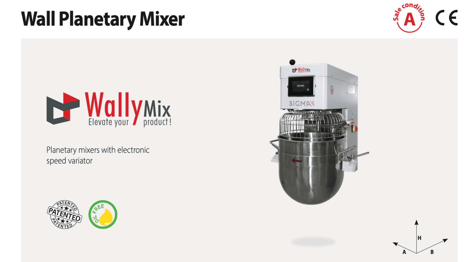 A wall-mounted planetary mixer by Sigma with a stainless steel bowl, digital controls, and safety labels. The text reads “WallyMix: Elevate your product!” with certifications and a speed variator mention.
