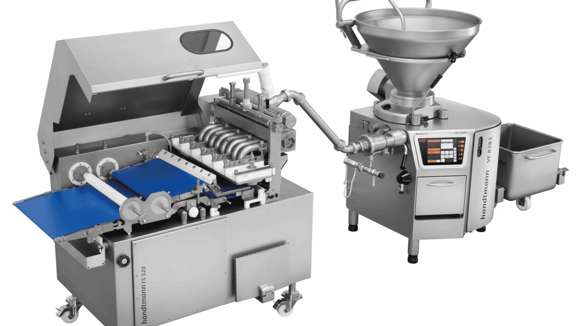 A stainless steel industrial food processing machine with a digital control panel, blue conveyor belts, and a large funnel hopper, designed for automated filling and portioning.