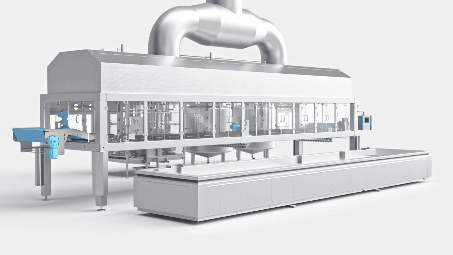 Eine große, moderne industrielle Lebensmittelverarbeitungsmaschine mit Metallteilen und einem Förderband vor einem schlichten weißen Hintergrund. Das Gerät verfügt über transparente Paneele, die den Blick auf die inneren Mechanismen freigeben.