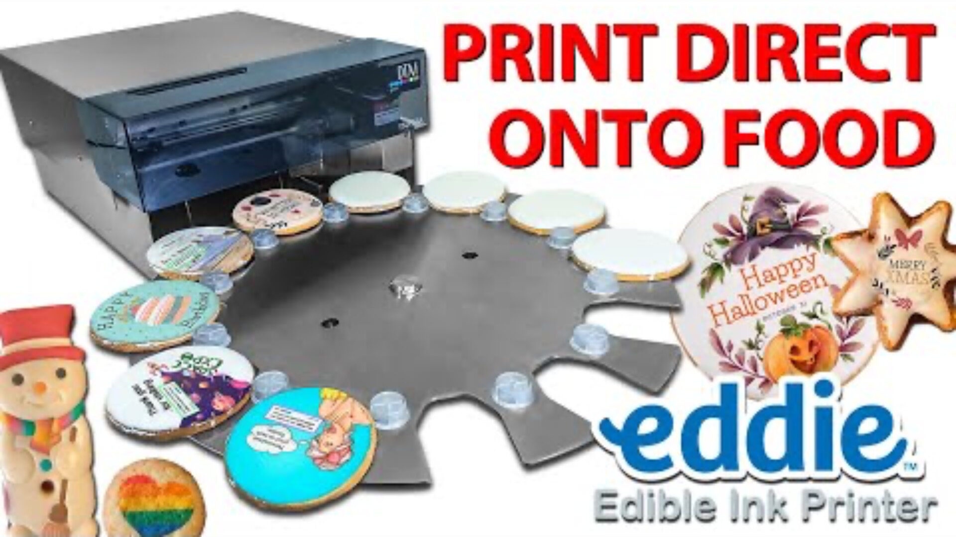 Ein Gerät mit dem Namen "eddie Edible Ink Printer" druckt bunte Motive auf kreisförmig angeordnete Kekse, wobei dekorierte Kekse und festliche Leckereien um den Drucker herum gezeigt werden. Der Text lautet: "PRINT DIRECT ONTO FOOD.".