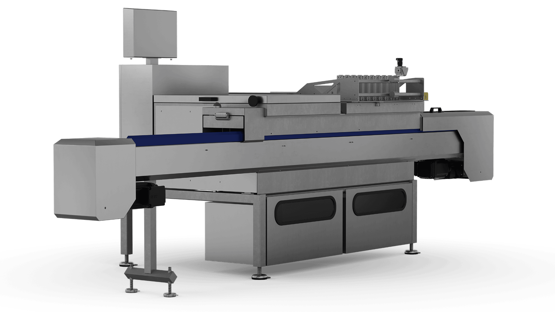 Eine industrielle Verpackungsmaschine aus Edelstahl mit Förderband und digitaler Anzeigetafel, konzipiert für die automatische Verarbeitung oder Versiegelung von Lebensmitteln, vor einem schlichten weißen Hintergrund.