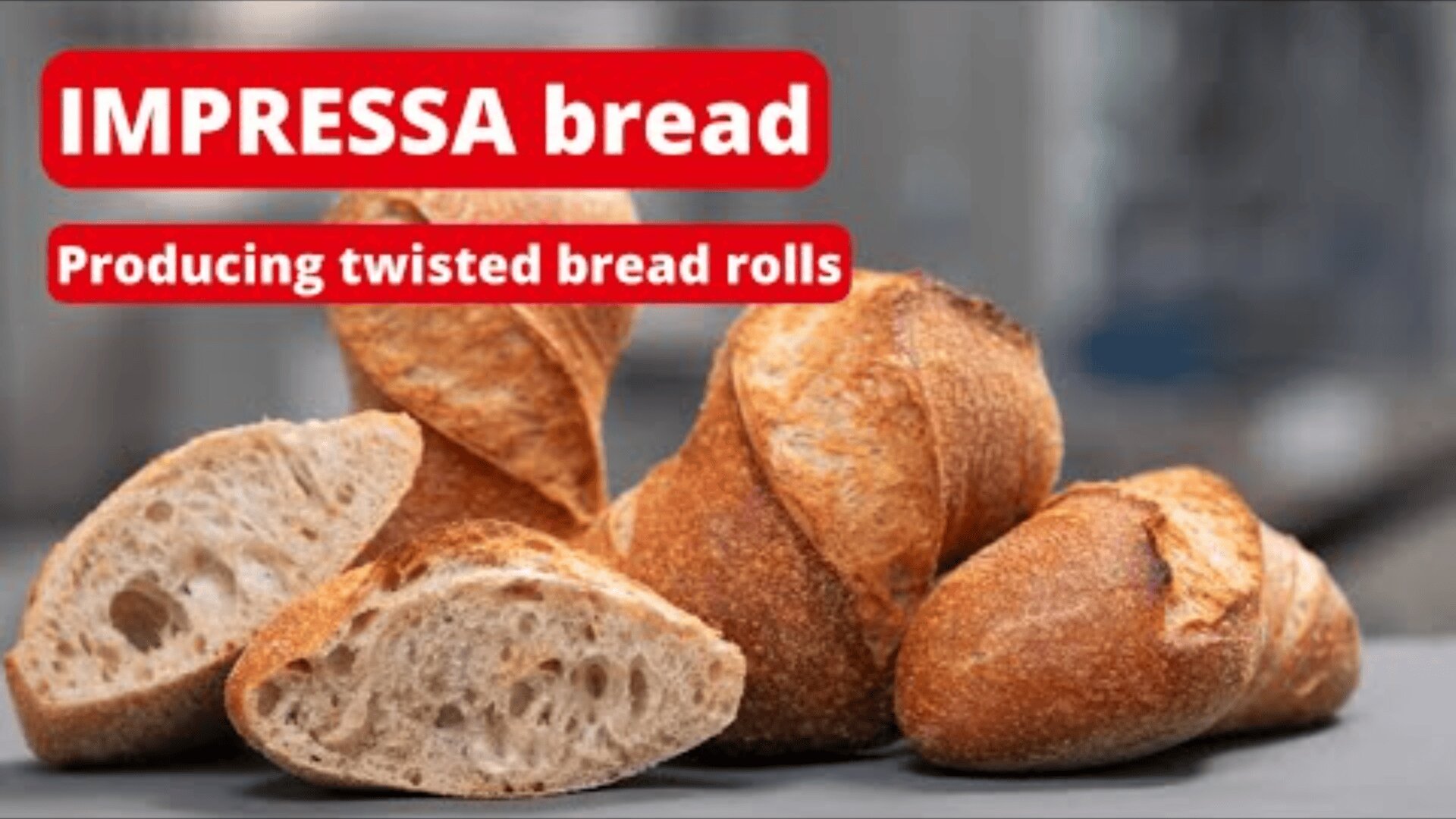 A close-up of several crusty twisted bread rolls on a table, with text overlay reading IMPRESSA bread and Producing twisted bread rolls.