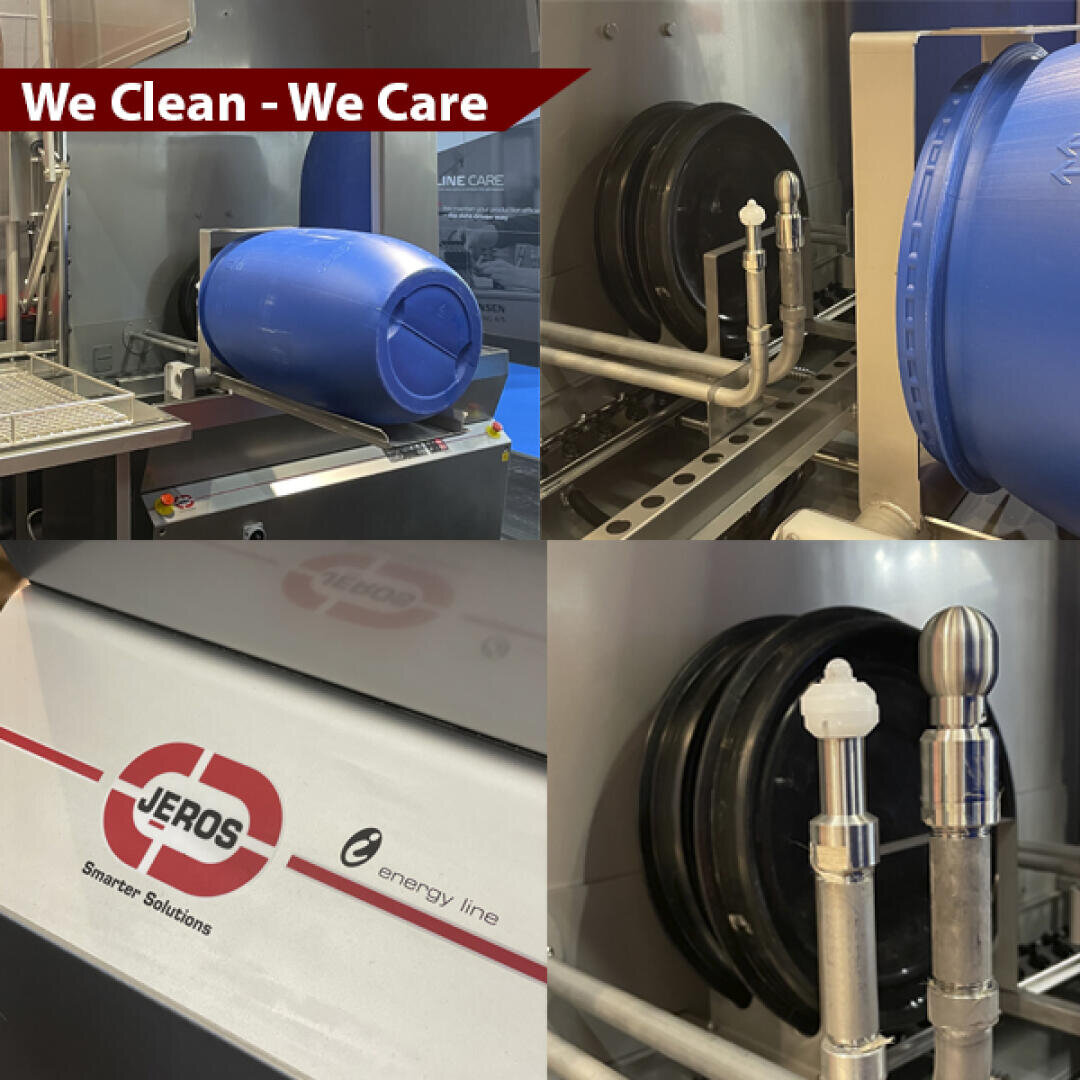 A collage shows industrial cleaning equipment washing large plastic barrels, with the text We Clean - We Care at the top and a close-up of the JEROS logo and energy line label on a machine.