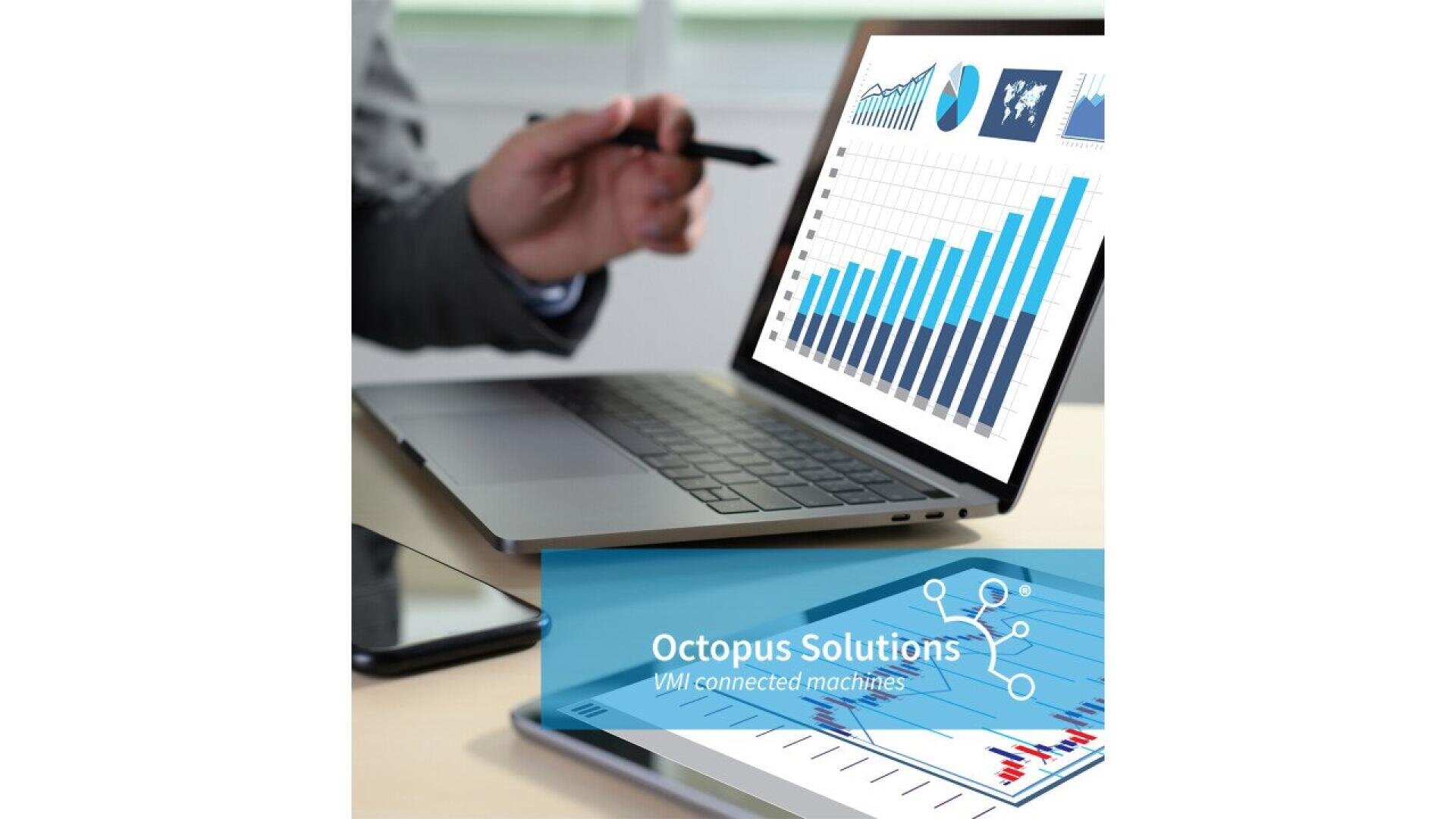 Eine Person zeigt auf einen Laptop-Bildschirm, der Balken- und Liniendiagramme anzeigt. Ein anderes Tablet zeigt ein ähnliches Diagramm. In der Textüberlagerung steht Octopus Solutions VM connected machines with network graphics.