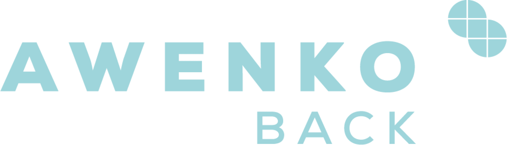 Hellblauer Text mit der Aufschrift AWENKO BACK auf transparentem Hintergrund, mit einem geometrischen Logo aus vier runden Quadraten, die eine geschwungene Form über dem Wort BACK bilden.