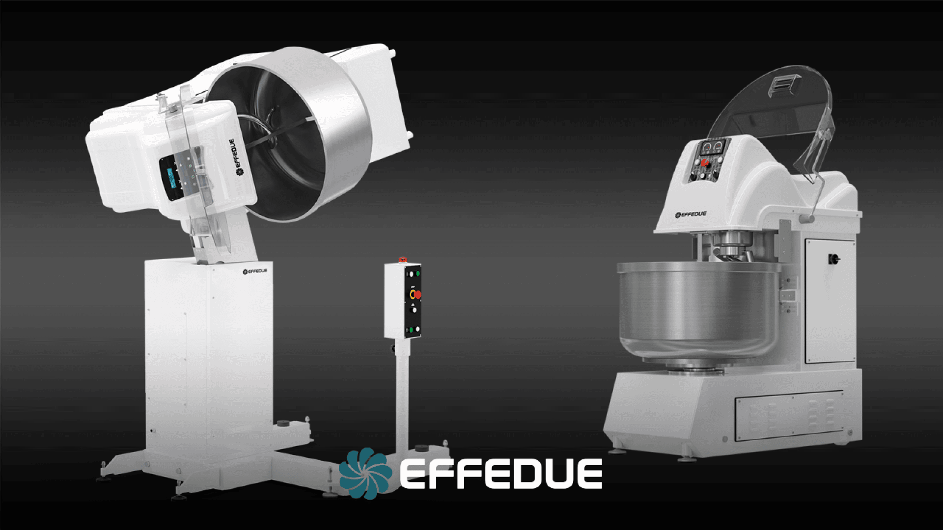 Zwei große industrielle Teigknetmaschinen sind vor einem schwarzen Hintergrund abgebildet, eine mit nach oben gekippter Schüssel, die andere aufrecht. Beide Maschinen sind weiß und haben Bedienfelder. Das EFFEDUE-Logo erscheint unten in der Mitte.