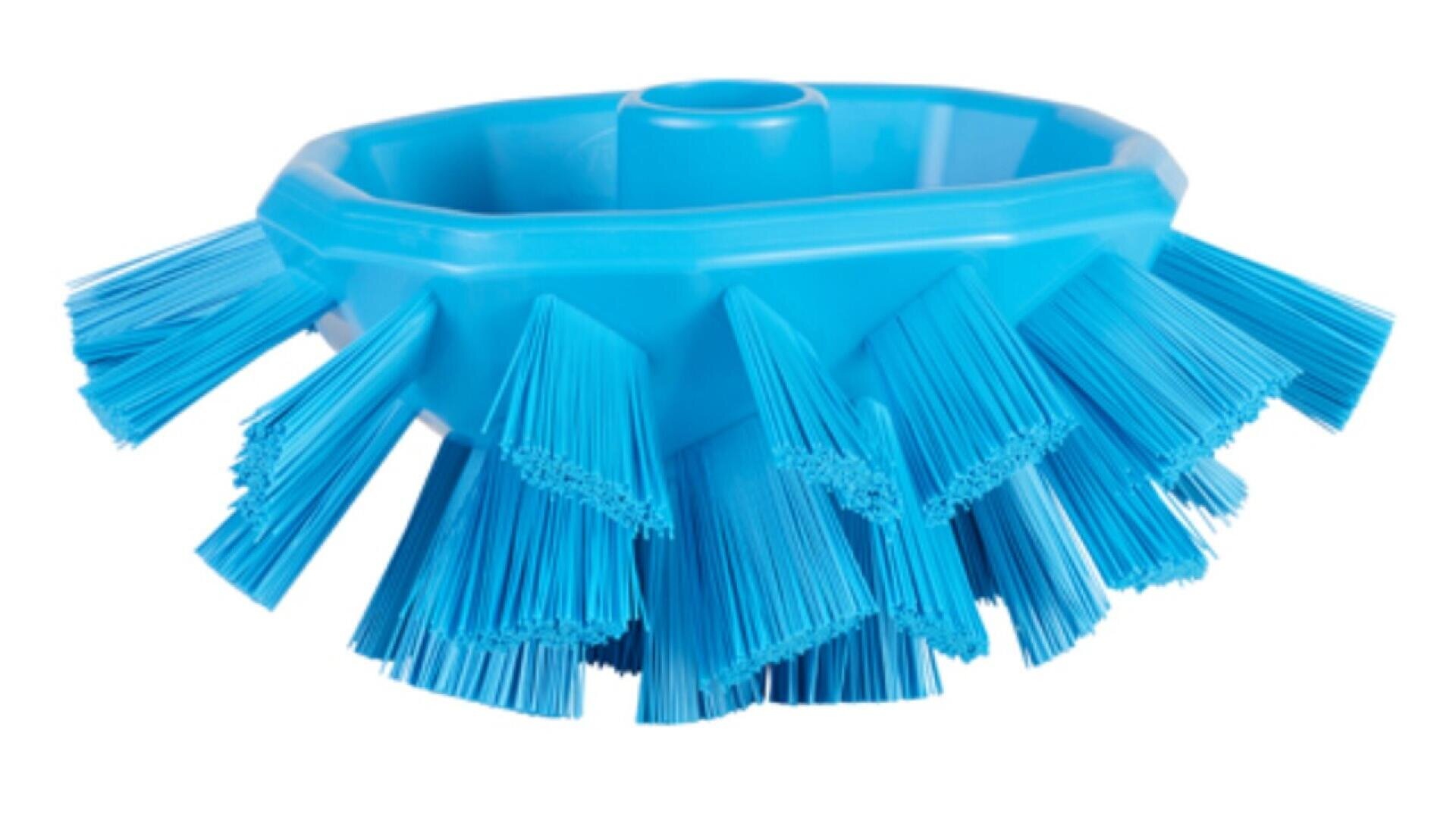 A blue, multi-sided cleaning brush with stiff, outward-facing bristles, designed for scrubbing surfaces; the brush is shown against a plain white background.