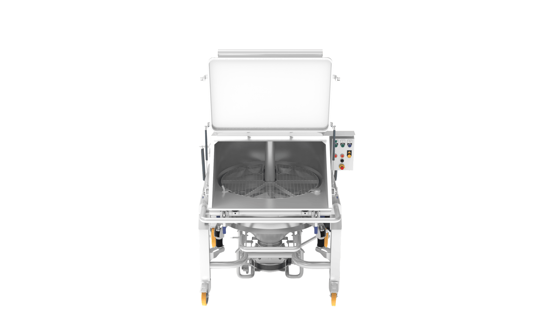 Industrielle Rührmaschine aus Edelstahl mit offenem Deckel, zentralem Rührblatt, Bedienfeld auf der rechten Seite und Rädern an jedem Bein für mehr Mobilität, dargestellt vor einem transparenten Hintergrund.