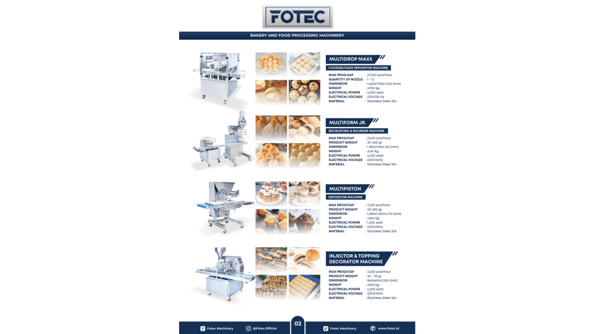 A product catalog page for Fotec bakery and food processing machinery, displaying four machines with images, including the Multiform Max, Multiform JR., Multiform Standard, and Injector & Topping Decoration Machine, along with product photos and specifications.
