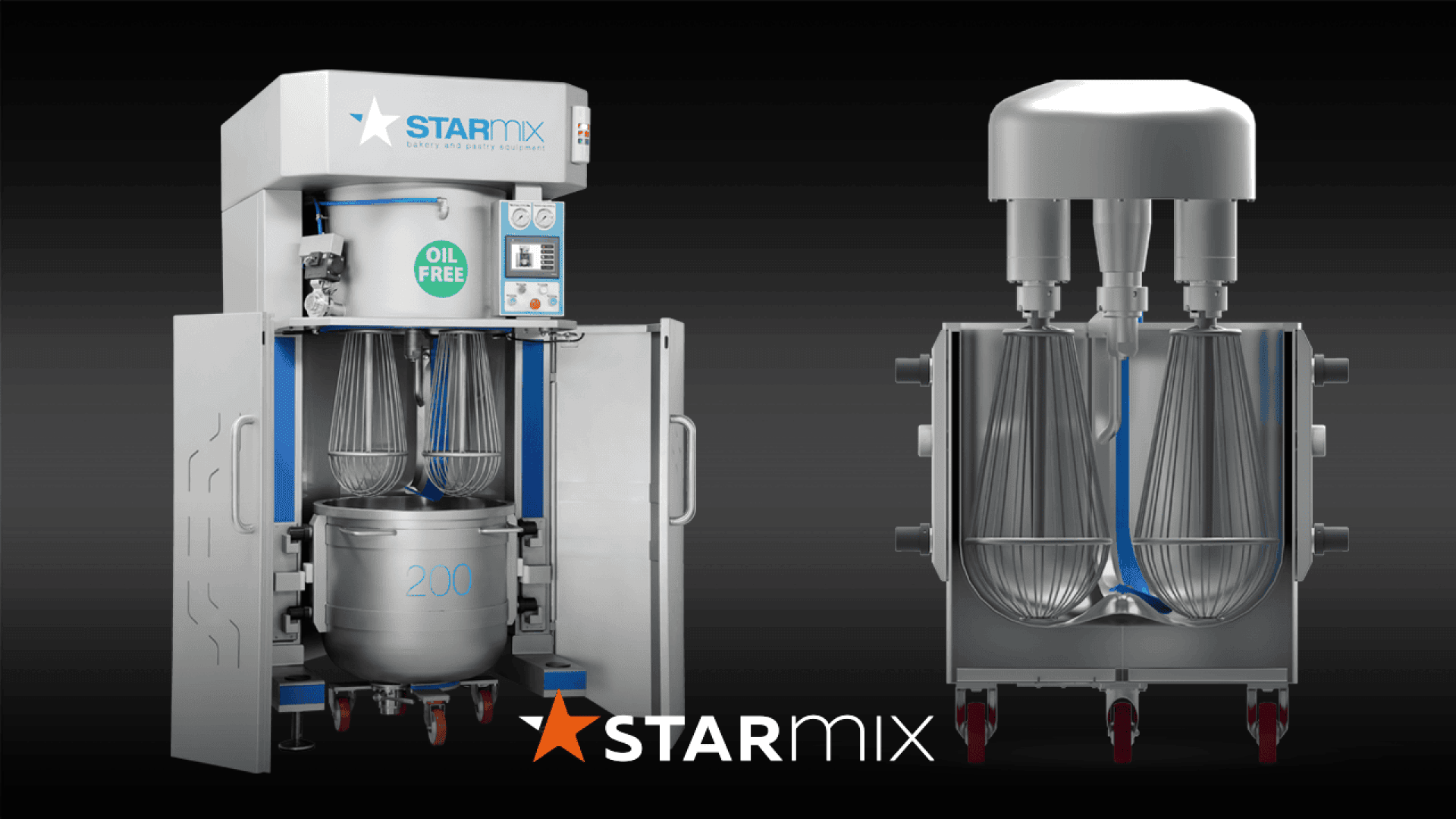 Two industrial mixers with metal bowls and whisks are shown on a black background, one with doors open revealing the interior. The STARmix logo appears at the bottom center of the image.