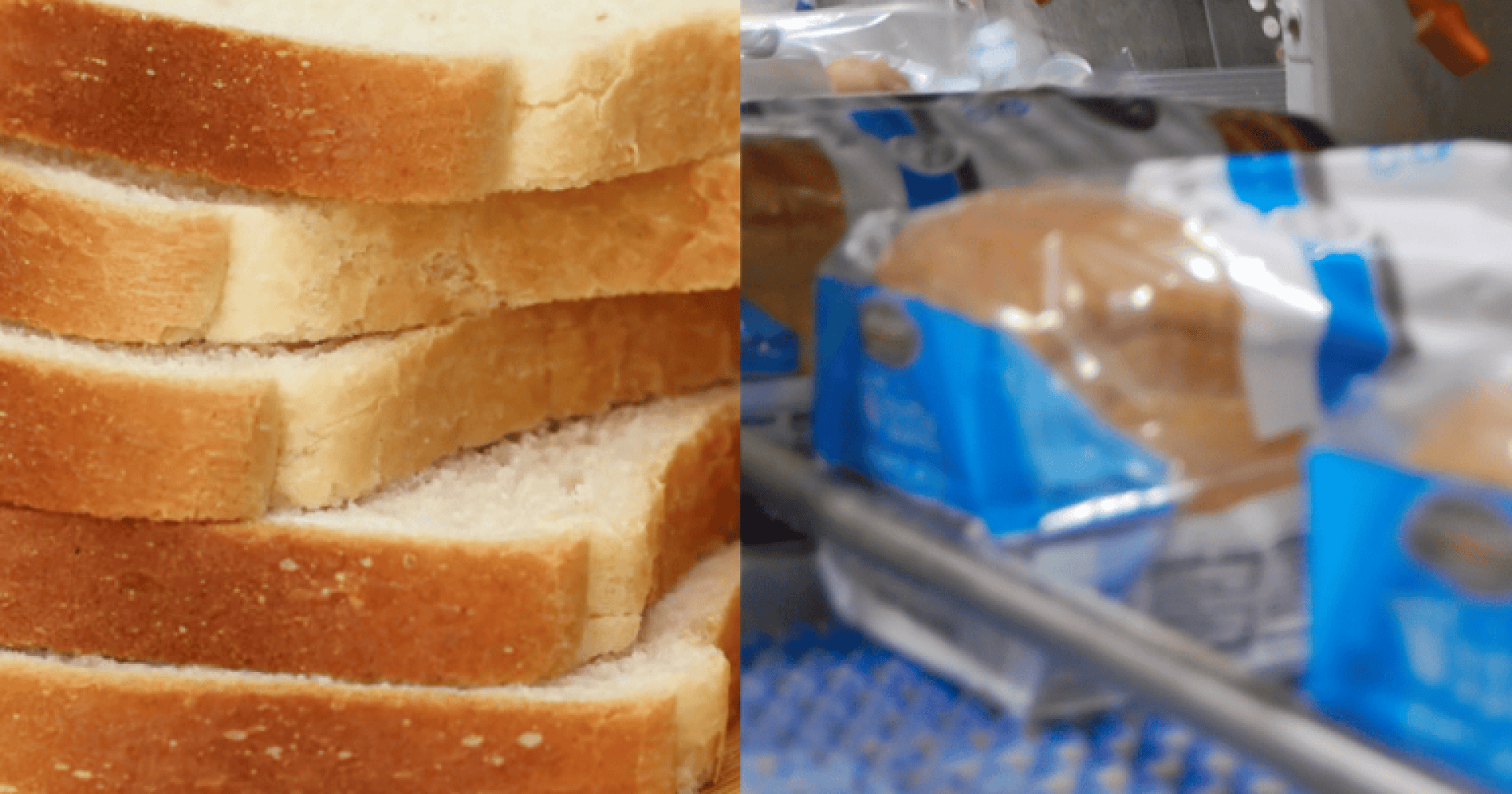 Eine Nahaufnahme von geschnittenem Brot auf der linken Seite und verpackten Brotlaiben in einem Lebensmittelgeschäft auf der rechten Seite.