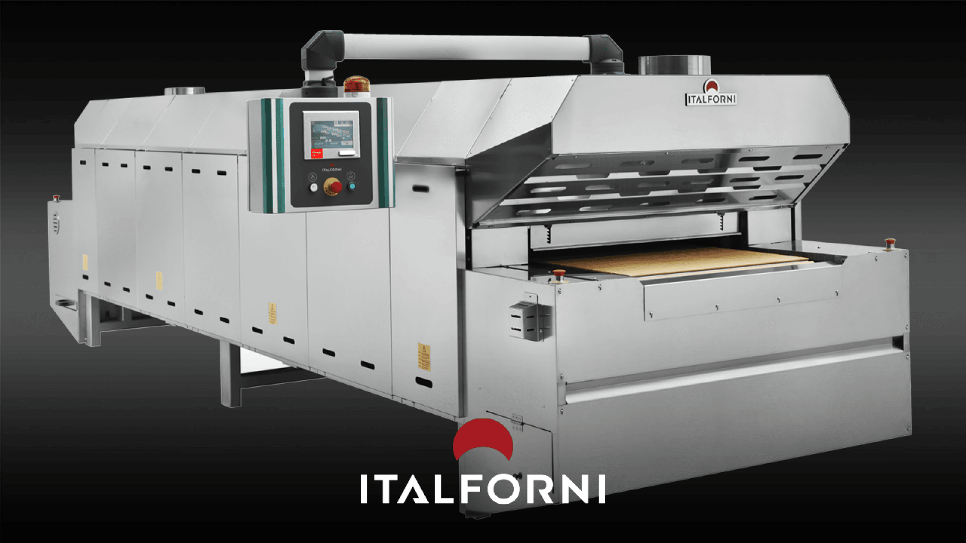 Ein großer Italforni-Pizzaofen aus rostfreiem Stahl mit einem digitalen Bedienfeld und einem Förderband vor einem dunklen Hintergrund. Das Italforni-Logo erscheint am unteren Rand des Bildes.