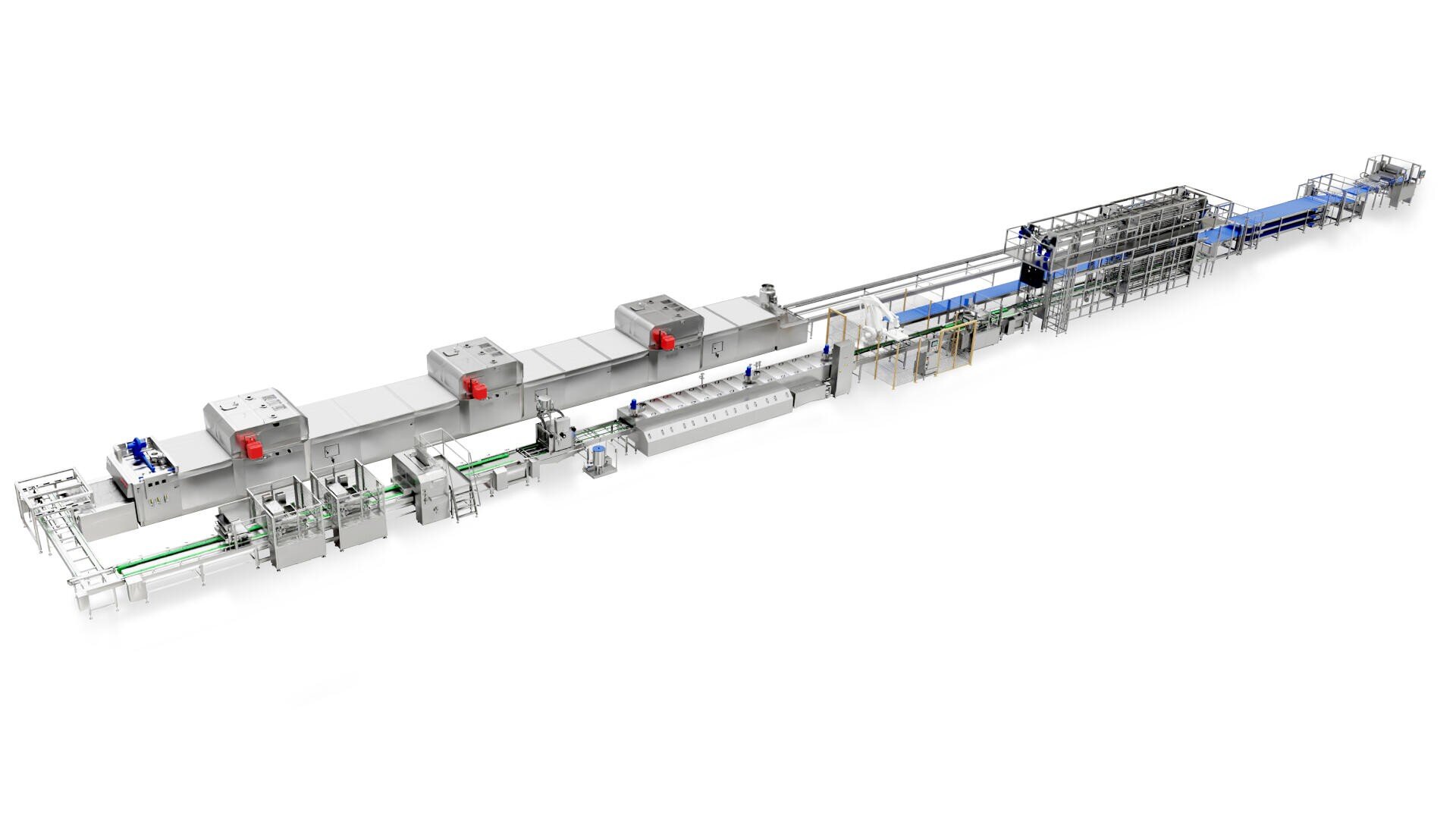 Long industrial food processing line with multiple conveyor belts, enclosed machines, and metal structures designed for automated production and packaging, set against a white background.
