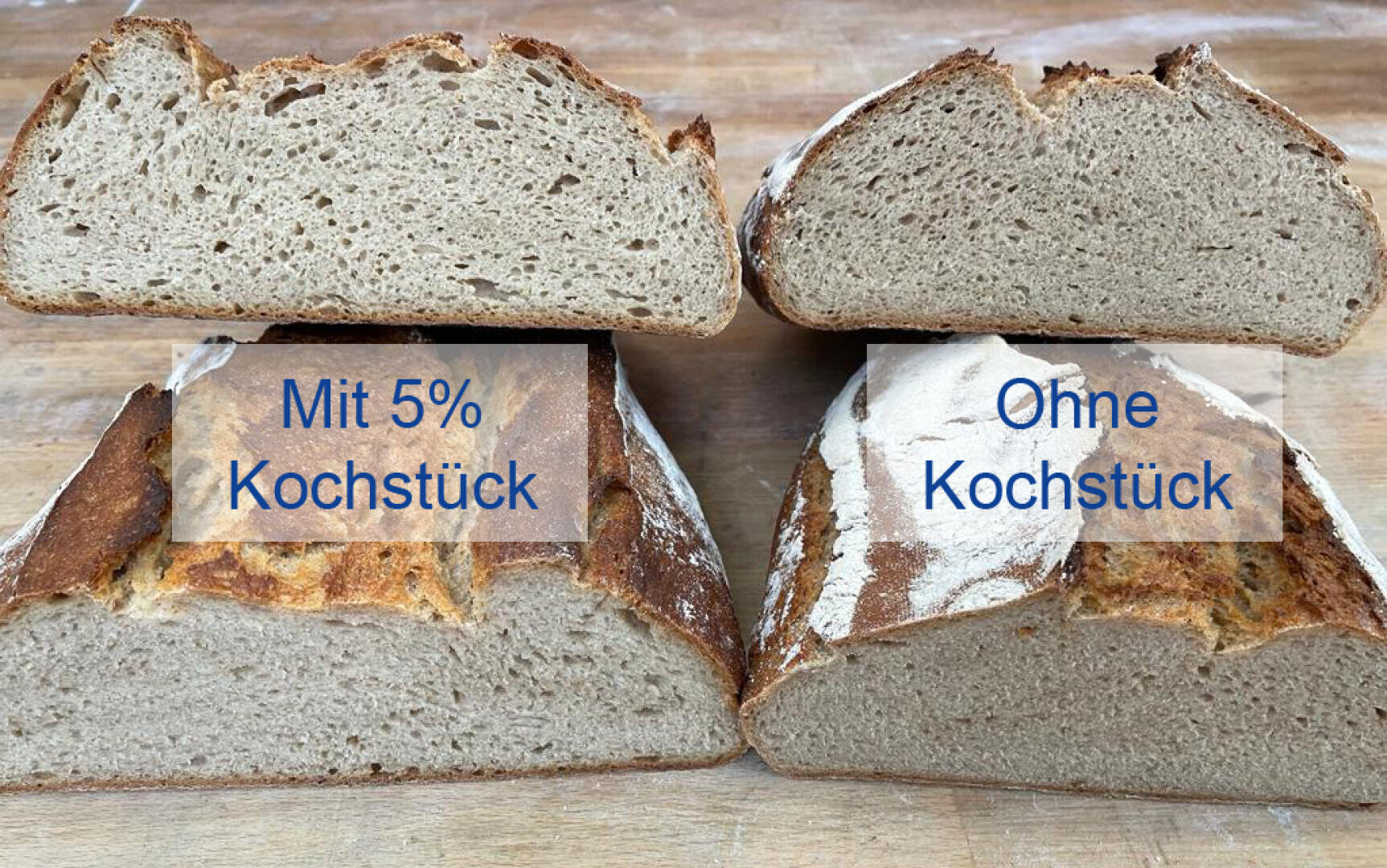 Zwei Brotlaibe sind halbiert. Der linke Laib ist mit 5% Kochstück (mit 5% gekochter Stärke) und der rechte ohne Kochstück beschriftet, was die Unterschiede in der Krumenbeschaffenheit zeigt.