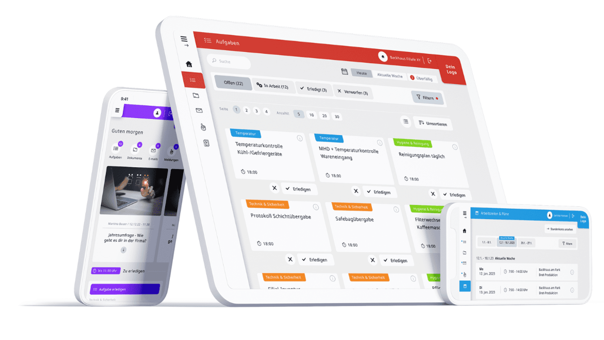 Three tilted digital devices display various task management and scheduling interfaces, including lists, cards, and chat functions, highlighting productivity tools on tablet and smartphone screens.