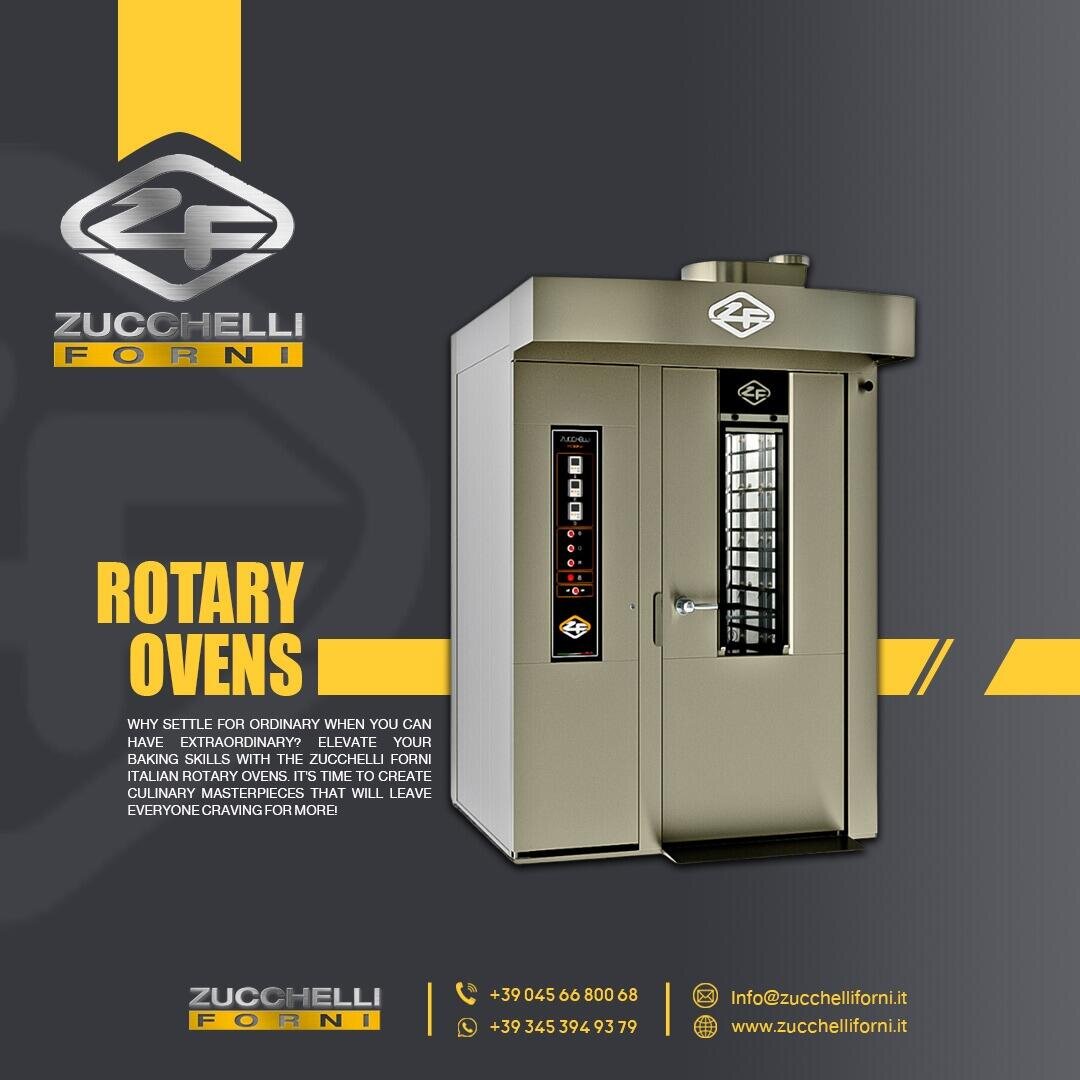 A Zuchelli Forni rotary oven is displayed against a gray and yellow background with the company logo and contact information. Bold text reads Rotary Ovens and a description highlights the oven’s Italian craftsmanship.