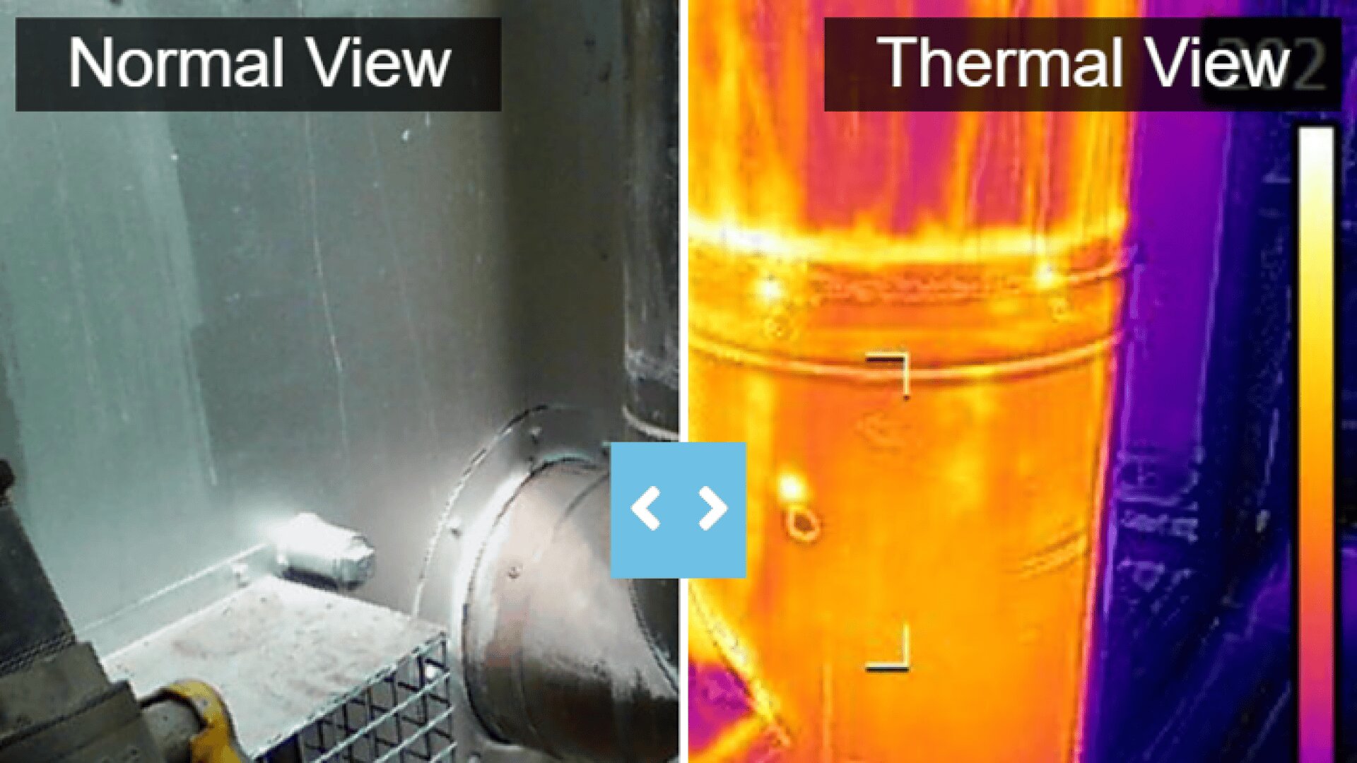 A split image shows an industrial scene in normal view on the left and in thermal view on the right, with bright colors indicating heat. A blue arrow icon is in the center, dividing the two views.