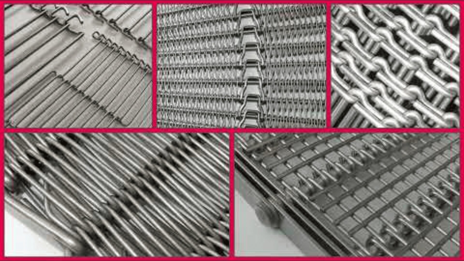 Five close-up images of different types of metallic conveyor belts with various wire mesh patterns and thicknesses; each section is bordered by a pink line.