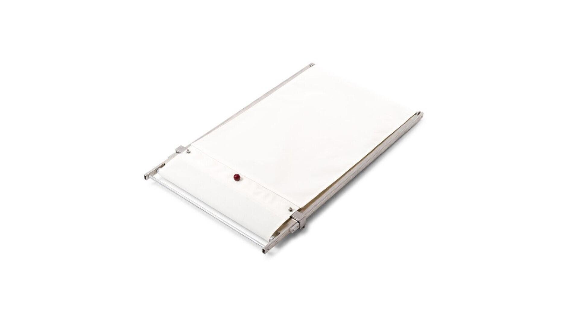 A white canvas stretcher with a wooden frame and a single red knob, lying flat on a white background.