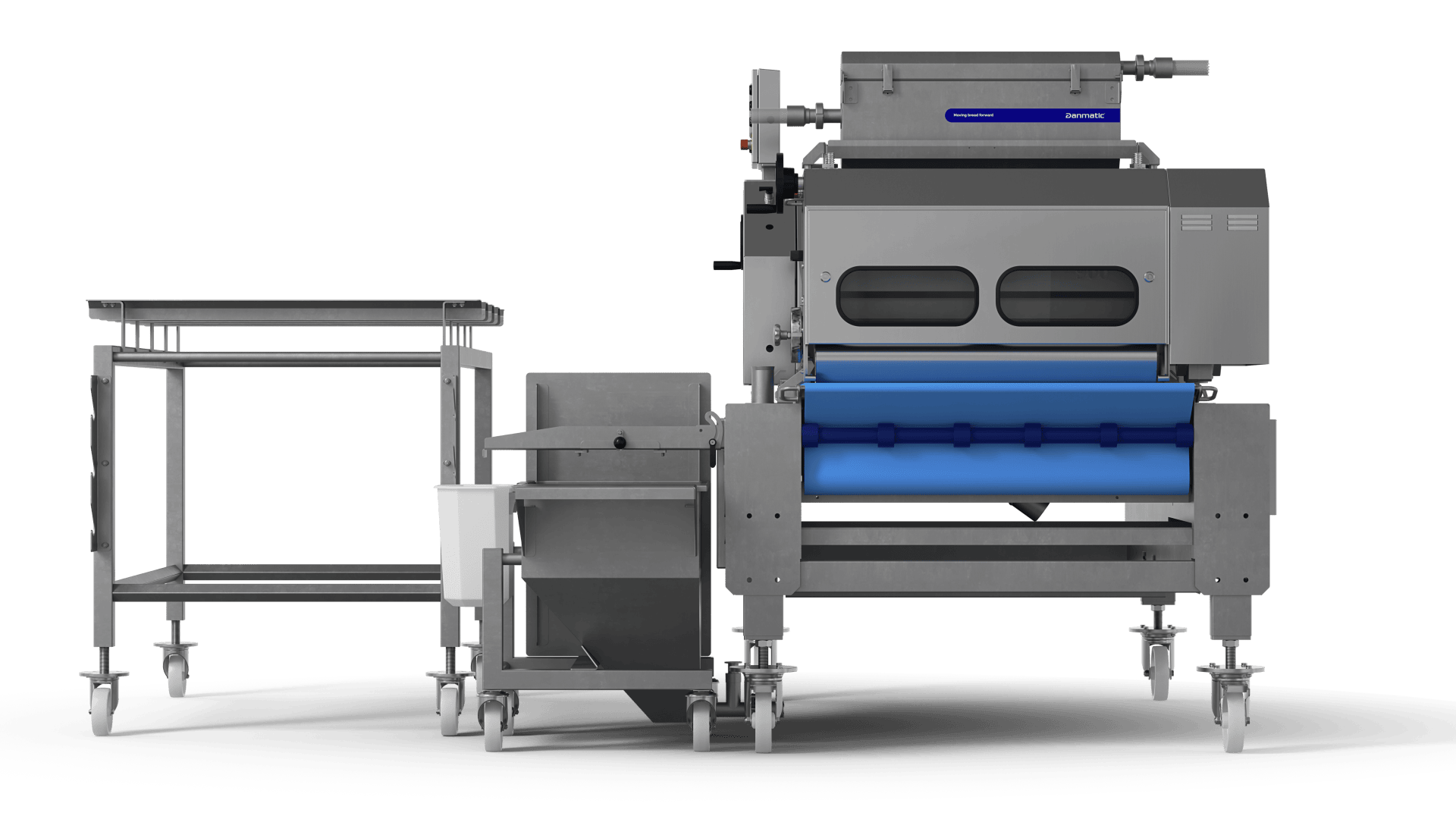 A stainless steel industrial food processing machine with blue rollers, accompanied by a metal table and bin on wheels, all set against a plain white background.