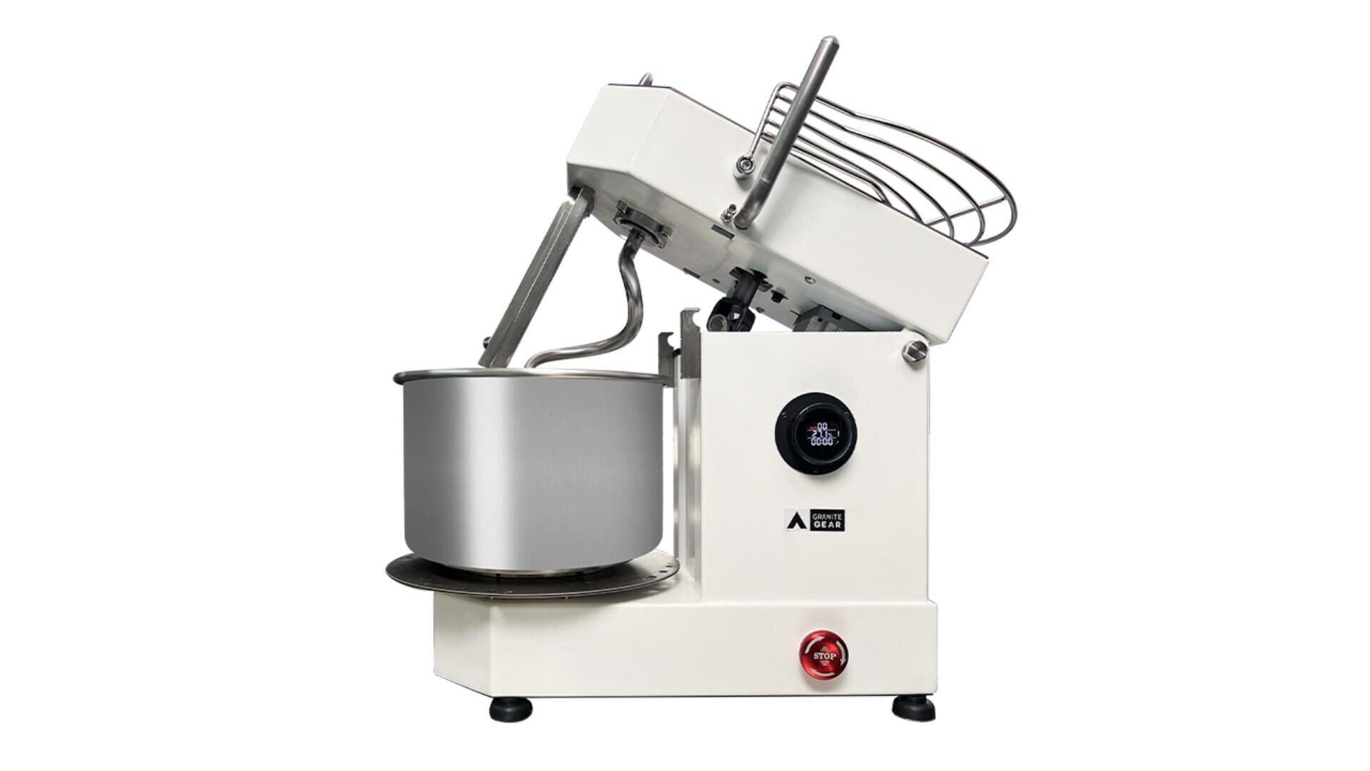 A commercial spiral dough mixer with a tilting head and stainless steel bowl, viewed from the side. The machine has control buttons and a safety guard on top.