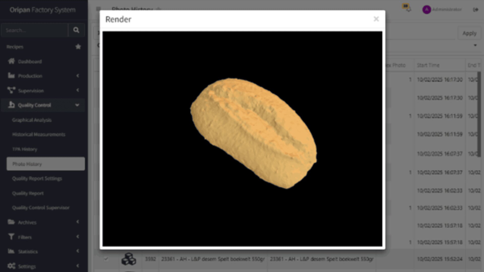 A 3D-rendered model of a bread roll appears in a pop-up window on a computer screen, with a dark background and software menus visible in the background.