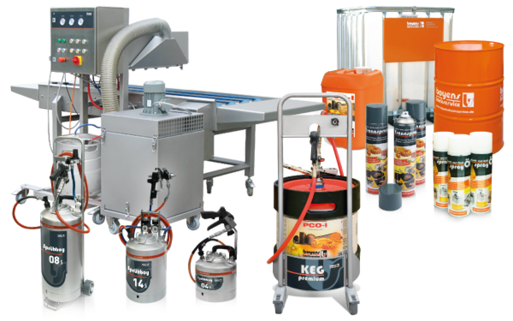 Eine Vielzahl von industriellen Beschichtungs- und Spritzgeräten, darunter Metallmaschinen, Tanks, Fässer, Schläuche und Aerosoldosen, sind nebeneinander angeordnet und zeigen die verschiedenen Werkzeuge und Behälter, die für die Oberflächenbearbeitung verwendet werden.