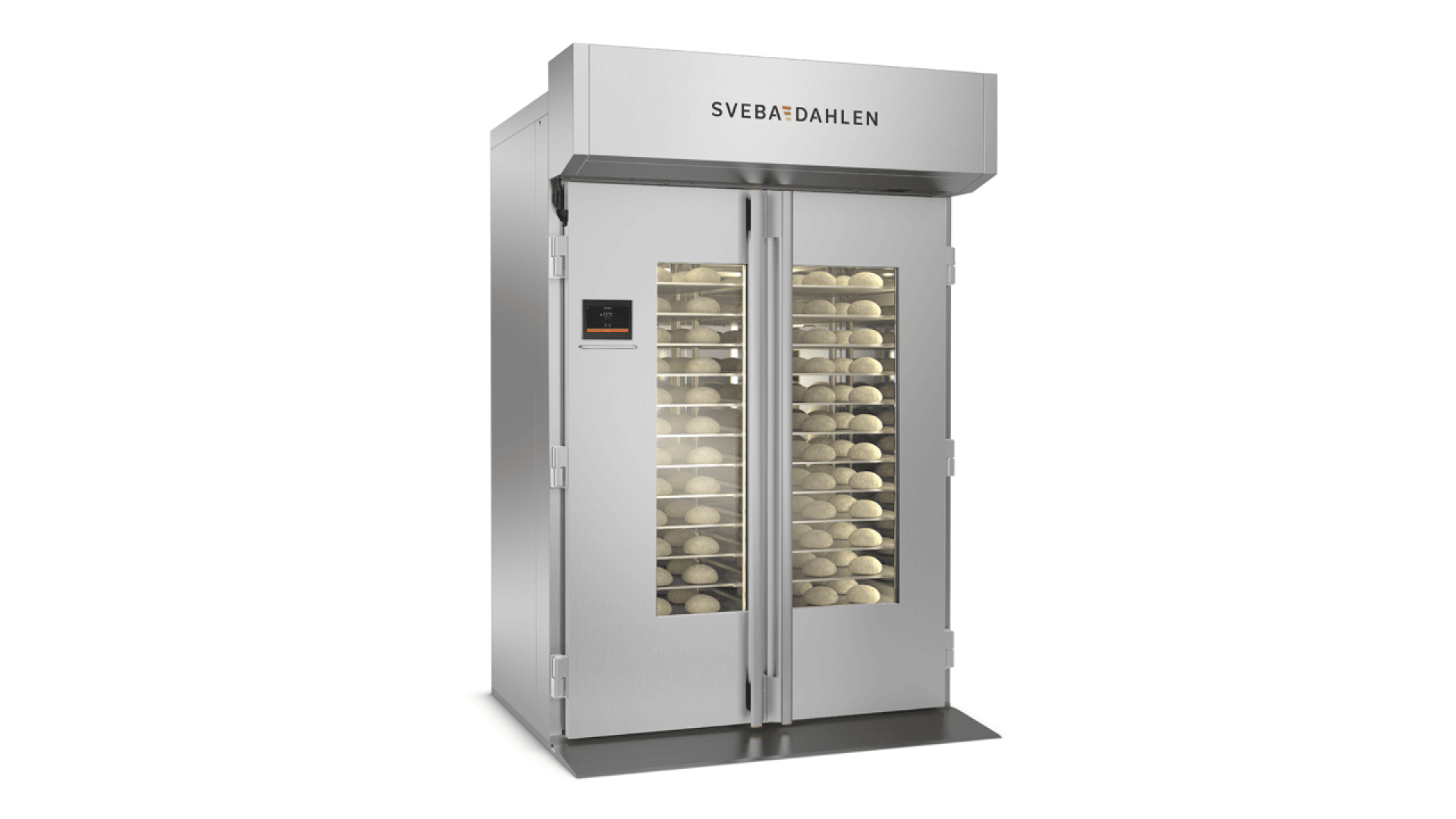 A commercial-grade bread oven with glass doors shows multiple trays of dough inside. The oven is labeled Sveba Dahlen and features a digital control panel on the left. The exterior is metallic and industrial in design.