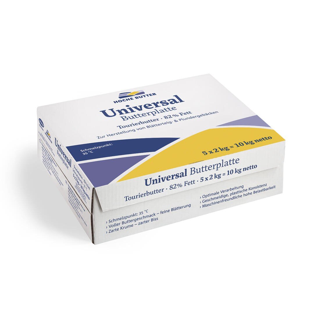 Eine weiß-blaue rechteckige Schachtel mit der Aufschrift Universal Butterplatte und gelben Akzenten. Die Schachtel enthält 10 kg Butter, die in 5 Platten zu je 2 kg aufgeteilt sind, und zeigt Produktangaben in deutscher Sprache.