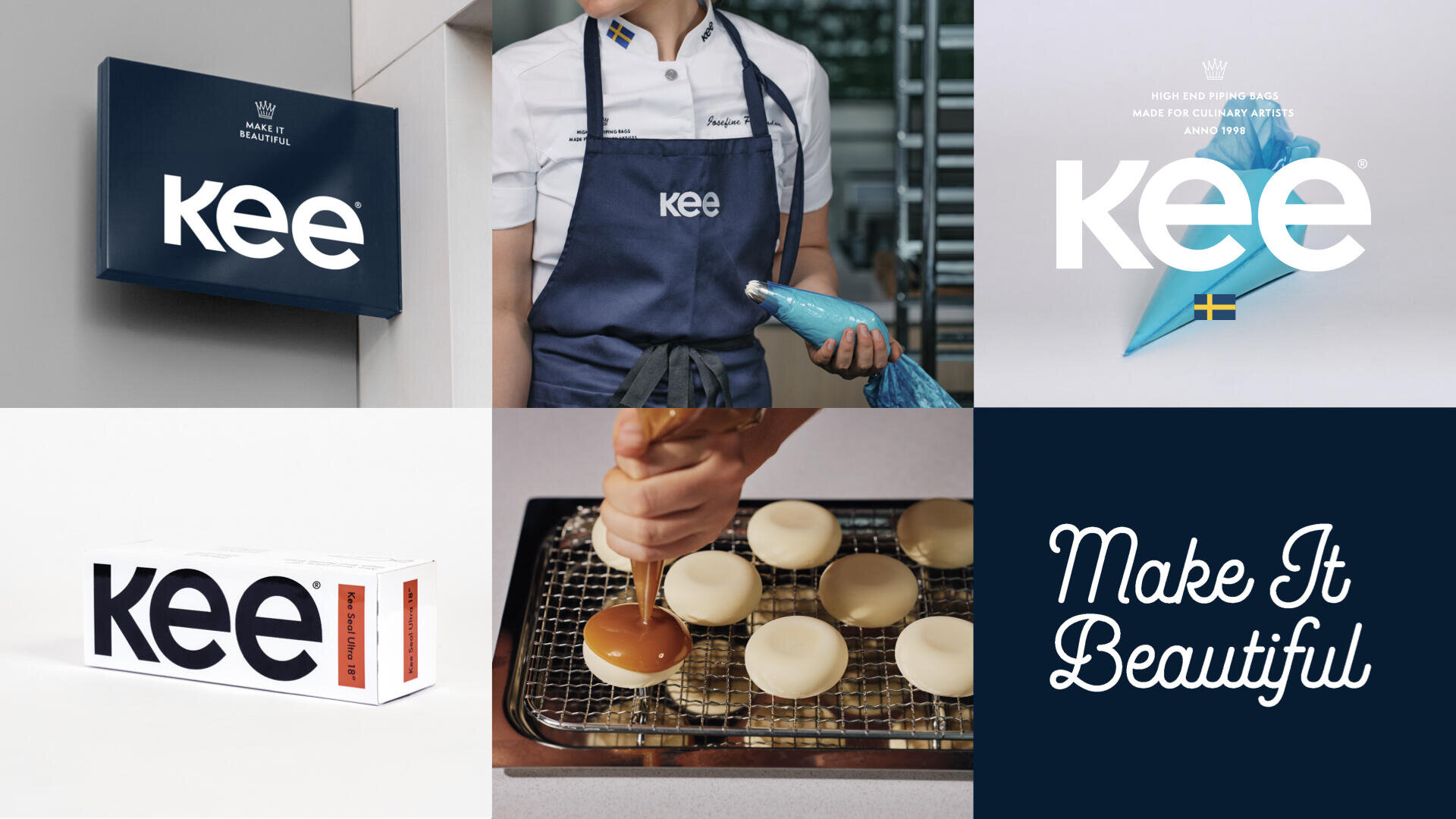 A collage featuring Kee branding on a sign, apron, pastry bag, and packaging, with a person glazing pastries and the phrase Make It Beautiful on a navy background.