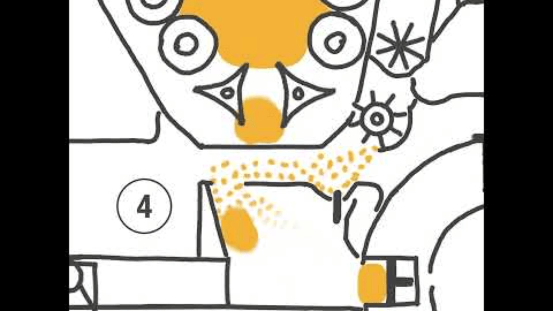 Ein vereinfachtes technisches Diagramm mit orange hervorgehobenen Bereichen und gepunkteten Linien, das den Fluss einer Substanz durch ein mechanisches System mit Zahnrädern und nummerierten Abschnitten darstellt.