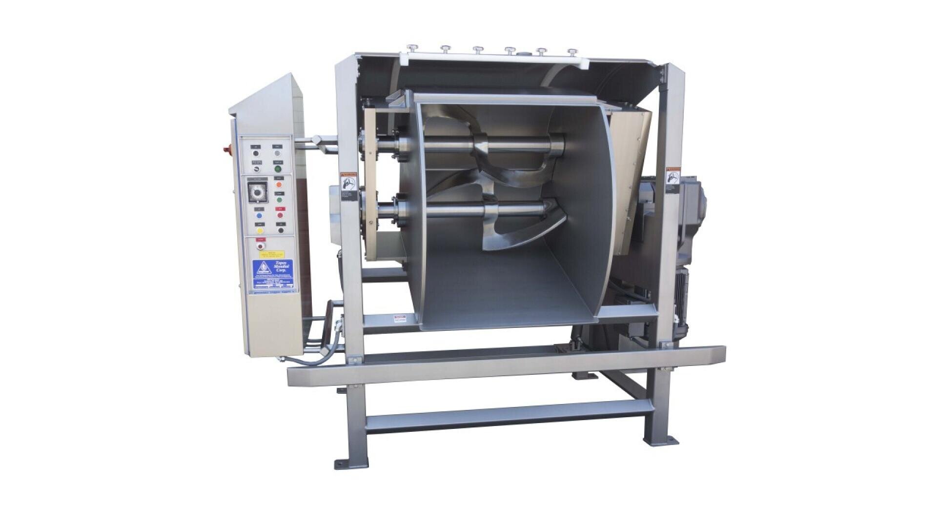 Ein großer industrieller Bandmixer aus Edelstahl mit Bedienfeld, offener Mischkammer und horizontal rotierenden Schaufeln, der für das Mischen von Pulvern oder Granulaten in der Lebensmittel- oder chemischen Verarbeitung konzipiert ist.