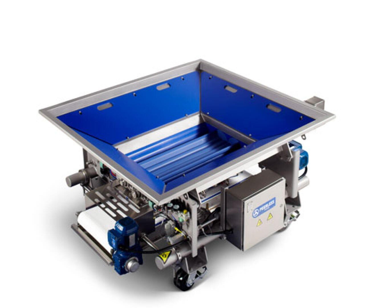 A stainless steel industrial machine with a blue, sloped top hopper, various mechanical parts, wheels for mobility, and caution symbols on its side panel.